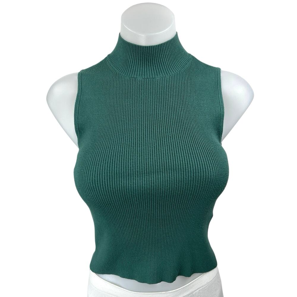 Madewell Green Ribbed Knit Sleeveless Turtleneck Cropped Sweater Tank Top Sz XS